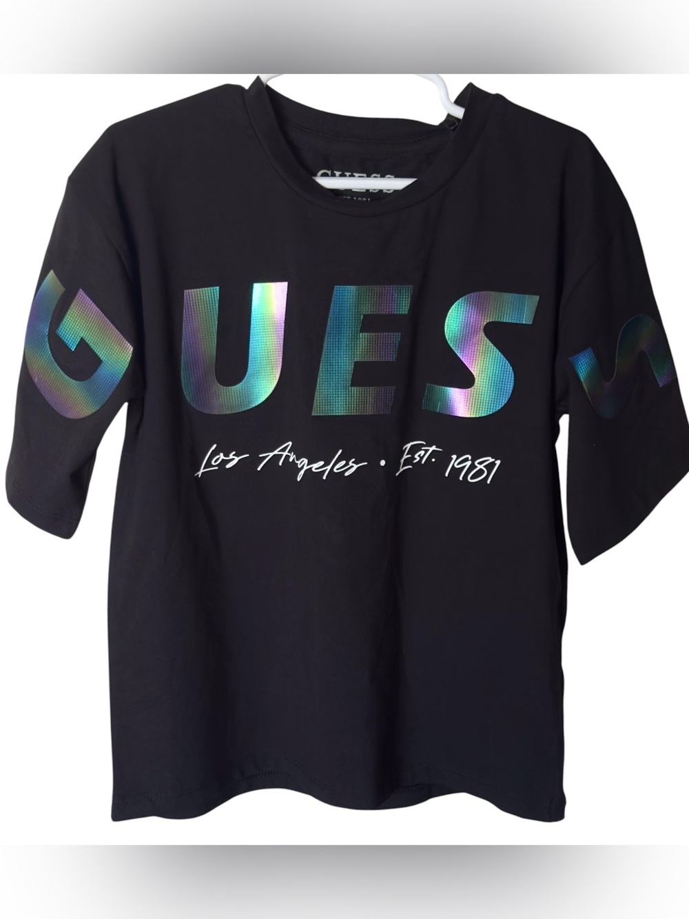 New Guess Girls black t-shirt iridescent logo Size 7